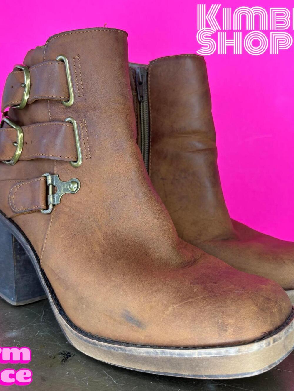 Circle S Ltd Moha Brown Leather Square Toe Block Heel Ankle Boot US 9W